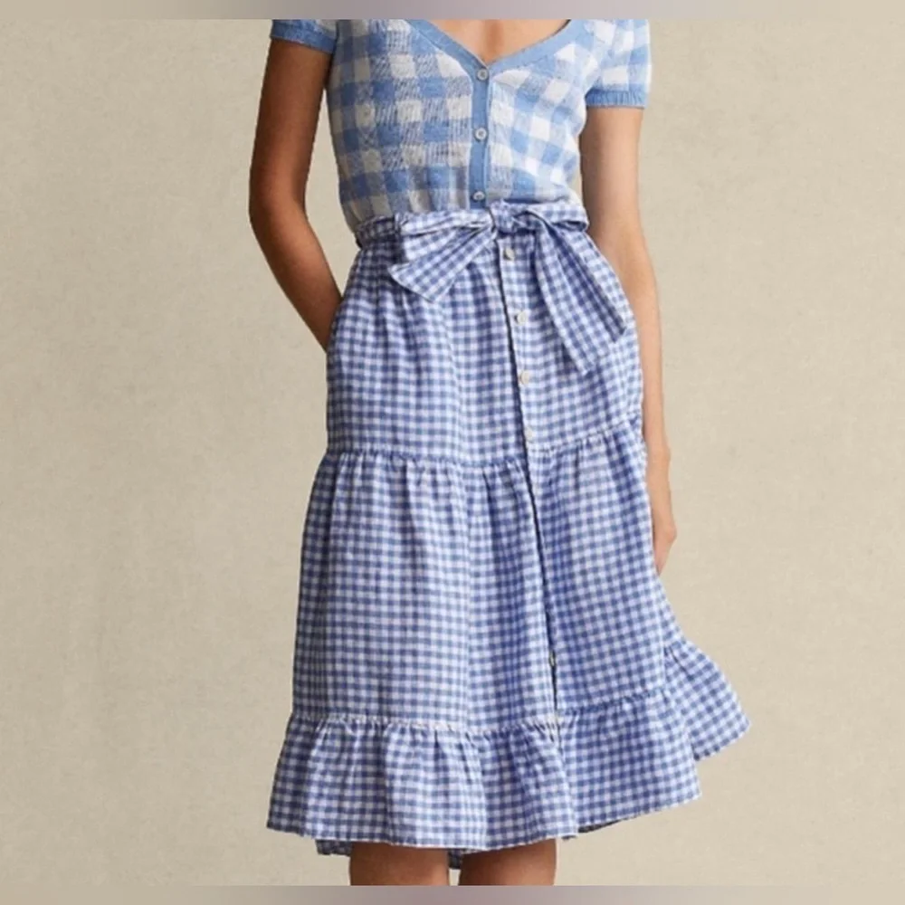 NEW Polo Ralph Lauren | Gingham Check‎ Blue White Midi Skirt Sz 16 - Picture 3 of 9
